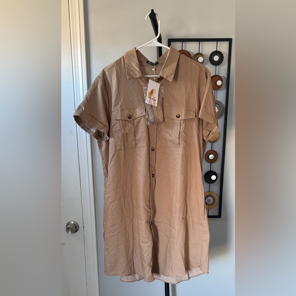Beige Button-Front Midi Shirt Dress NWT